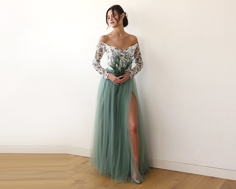 off shoulder green floral dress