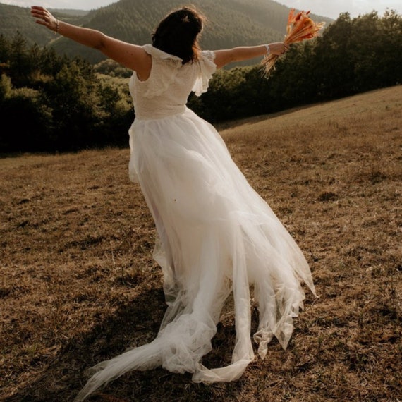 Curvy Fairy Ivory Wrap Lace Bohemian Wedding Dress