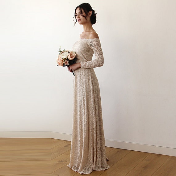 Champagne Off-the-shoulder  Embroidered Long-sleeved Bodycon Dress main image 1