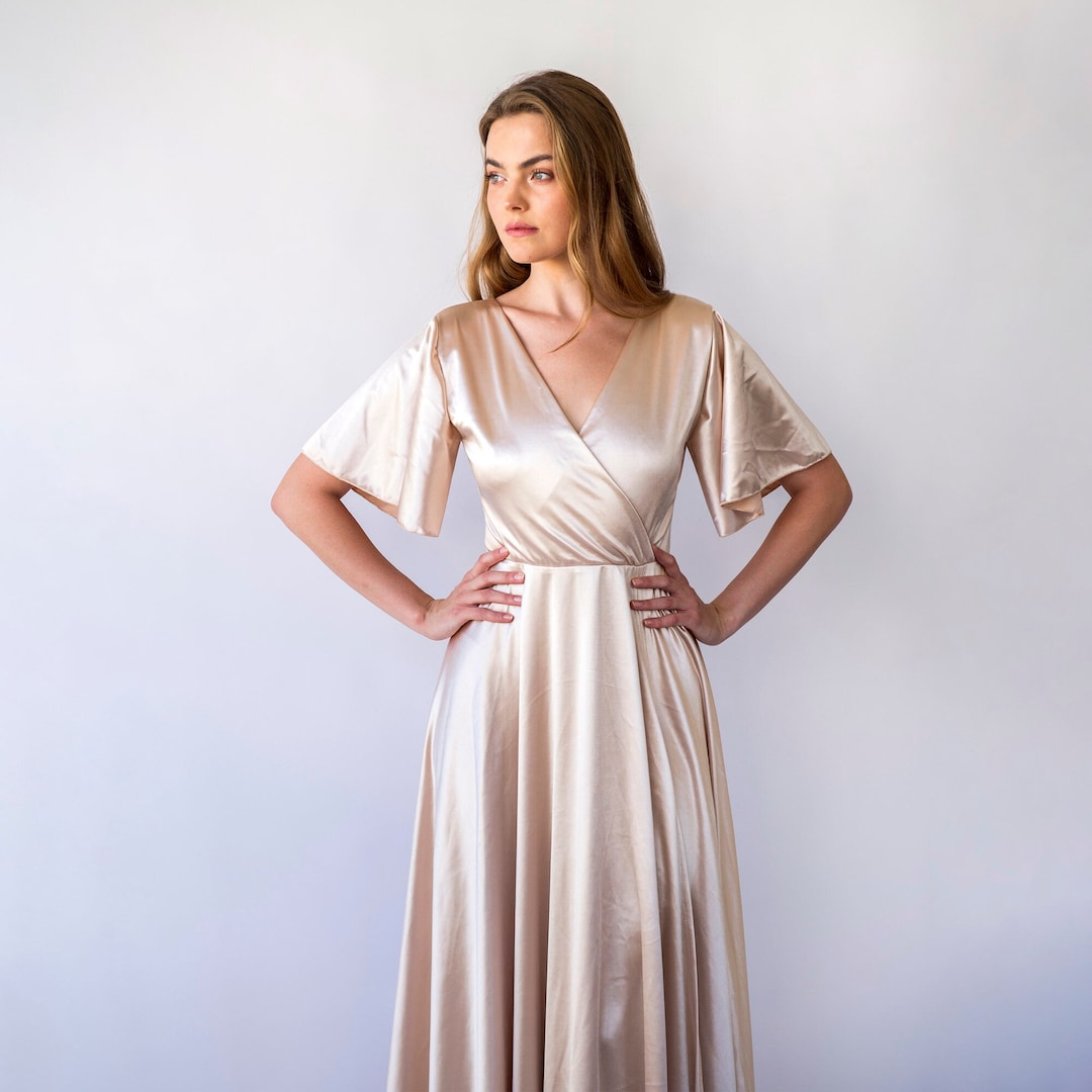 Satin Draped Trumpet Dress with Beaded Trim Champagne