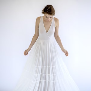 Boho Wedding Dress: Sleeveless V-Neck Chiffon Gown with Champagne Lining