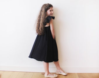 SALE Black Flower Girl Satin Dress, Girls black butterfly dress, Girls Black party Dress 5003