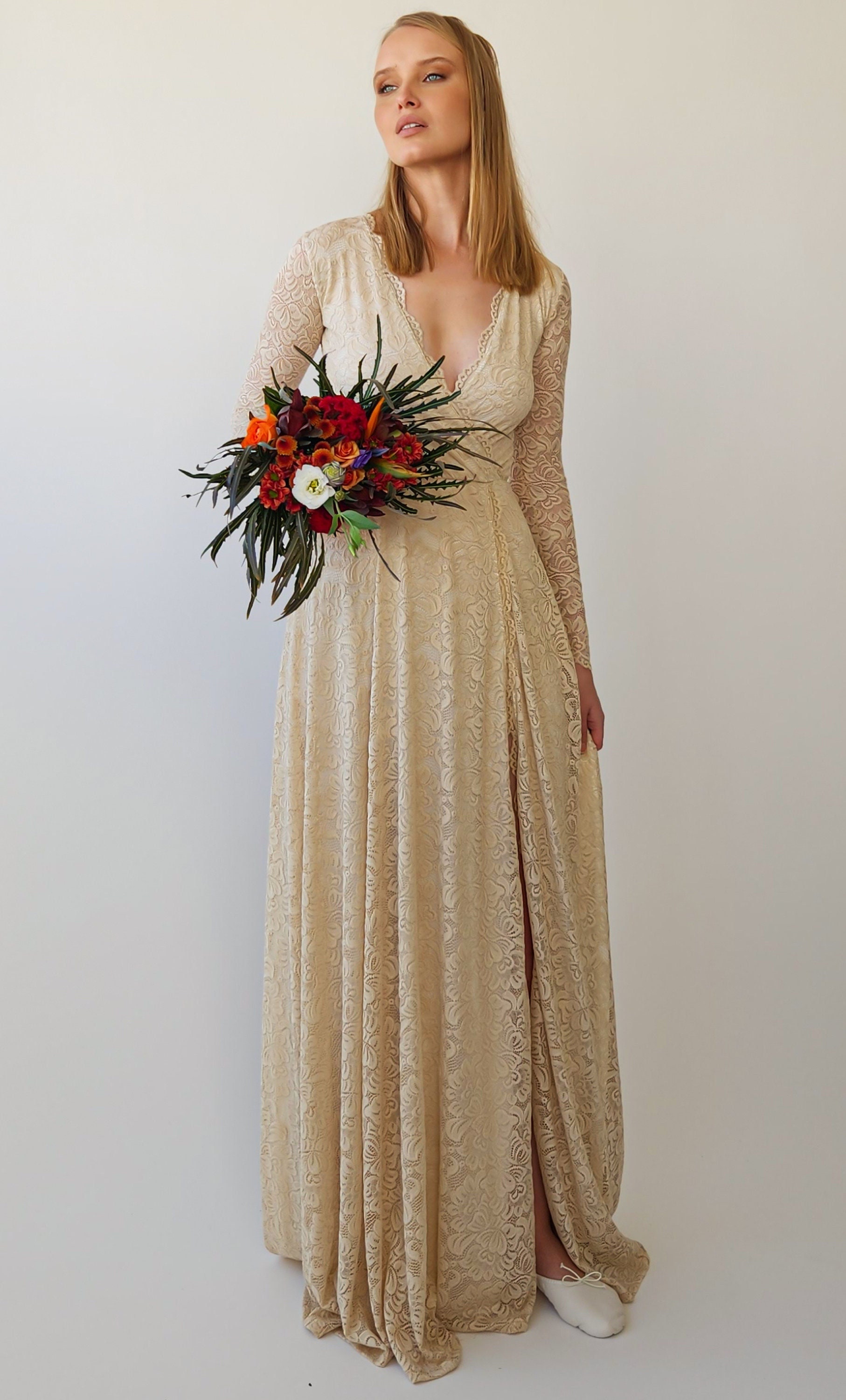 Long Sleeves Light Champagne Wrap Lace Maxi Dress with a Slit #1410 Long Sleeves Light Champagne Wrap Lace Maxi Dress with a Slit #1410