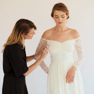 Elegant Off-Shoulder Lace Wedding Dress with Long Sleeves | Boho Bridal Gown with Romantic Rose Pattern #1482