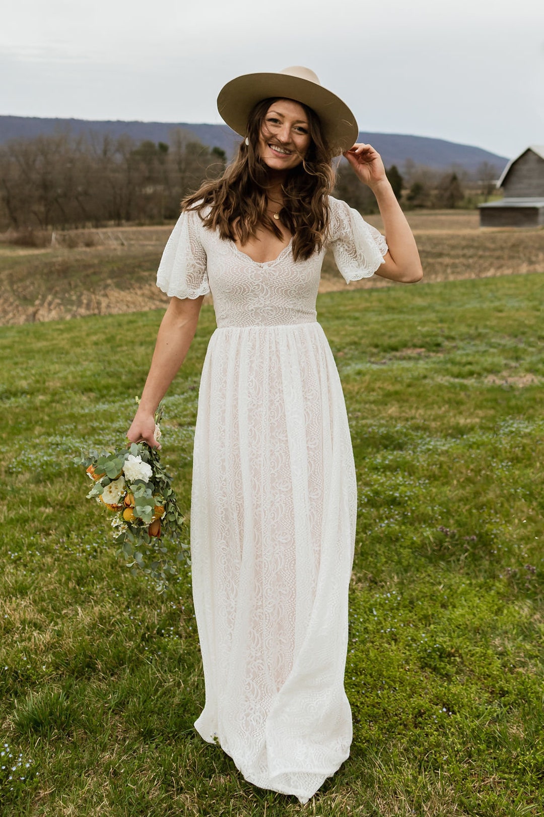 Bestseller Butterfly Sleeves Bohemian Ivory Blush Color Wedding Dress #1232 