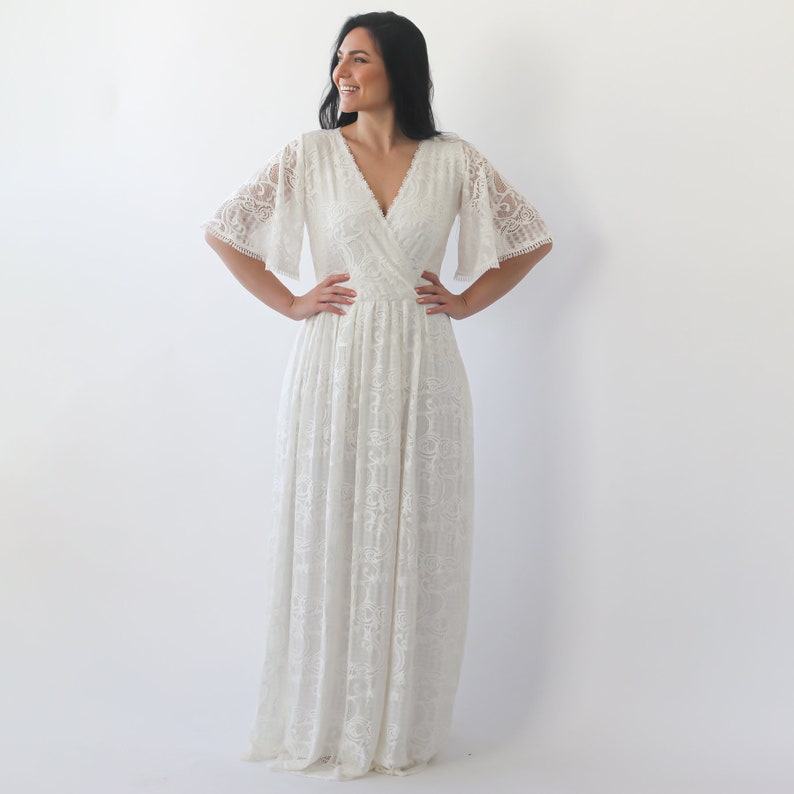 60s Wedding Dresses | 70s Wedding Dresses     Bestseller Curvy Butterfly Sleeves Ivory wedding dress with pockets #1267  AT vintagedancer.com