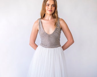 Bridal set, Pearly Tulle skirt, and Silver Sequins sleeveless tank top with V-neckline #1444