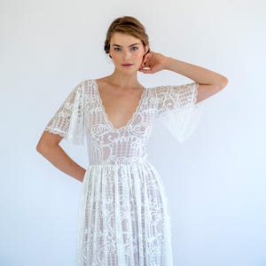Boho Lace Bell Sleeve Wedding Dress: Ivory Blushed Bridal Gown