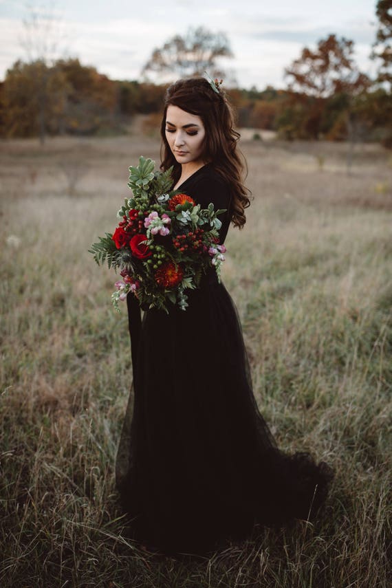 Black Maxi Tulle Dress With Long Sleeves , Wrap Lace Tulle