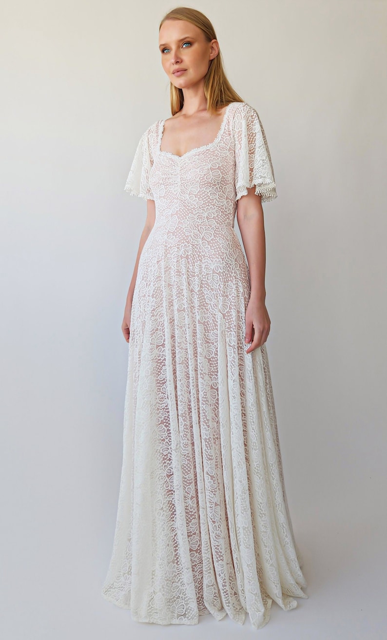 Ivory Blush Sweetheart Lace Wedding Dress with Short sleeves 1396 image 1