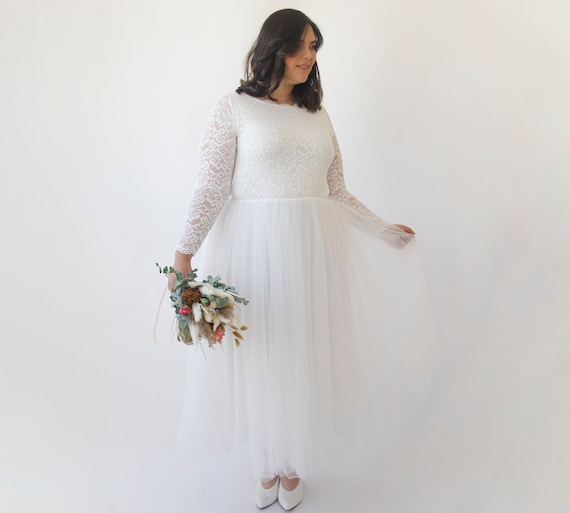 Ivory Boat neckline Tulle & Lace Midi Dress #1323