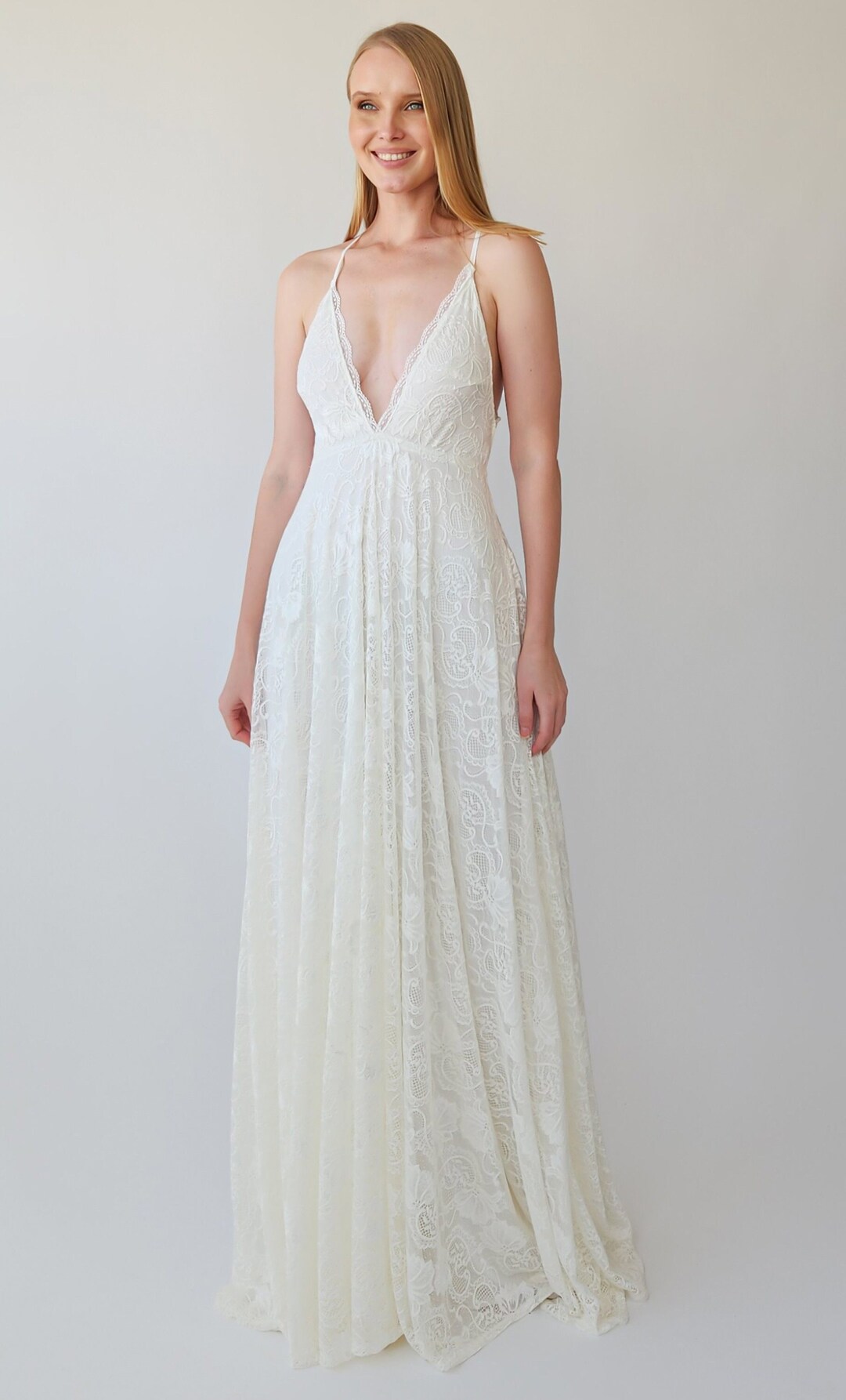 Sheath Spaghetti Straps Ivory Lace Asymmetrical Detachable Train Boho Wedding Dress