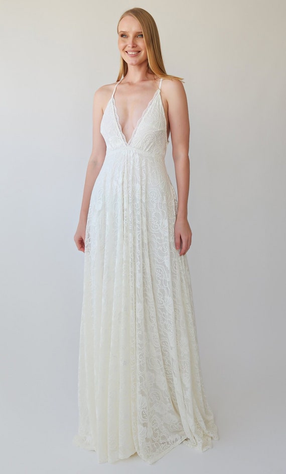 Bohemian Ivory Lace Spaghetti Straps Maxi Wedding Dress #1385 - Etsy Bohemian Ivory Lace Spaghetti Straps Maxi Wedding Dress #1385 - Etsy