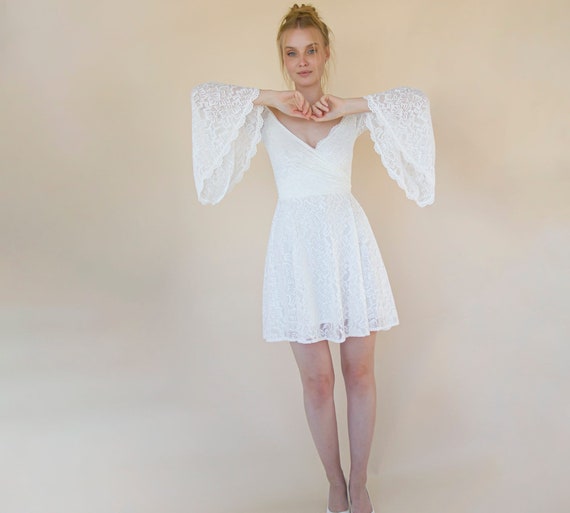 Off the Shoulder Mini Length Wedding Dress With Bell Sleeves #1370 - Etsy