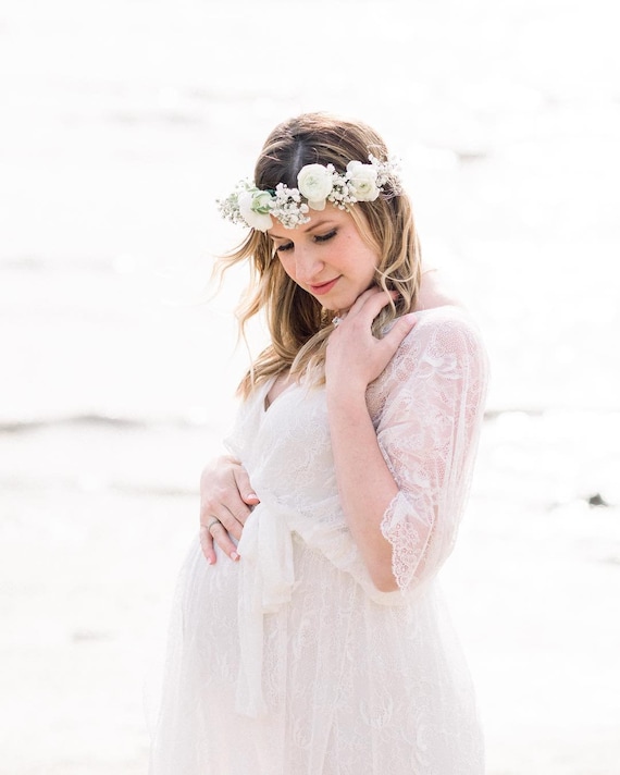 Maternity Photo shoot dress, White Lace gown with bat-wings sleeves #1417