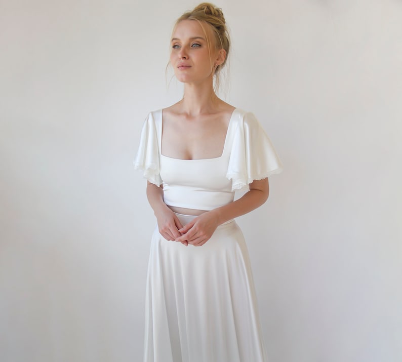 Two Piece wedding outfit, Silky Wedding Maxi Skirt and Silky Top with squire neckline 1354 zdjęcie 3