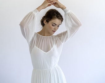 Boho Ivory Chiffon Mesh Wedding Dress | Sheer Bishop Sleeves, A-Line Skirt #1514
