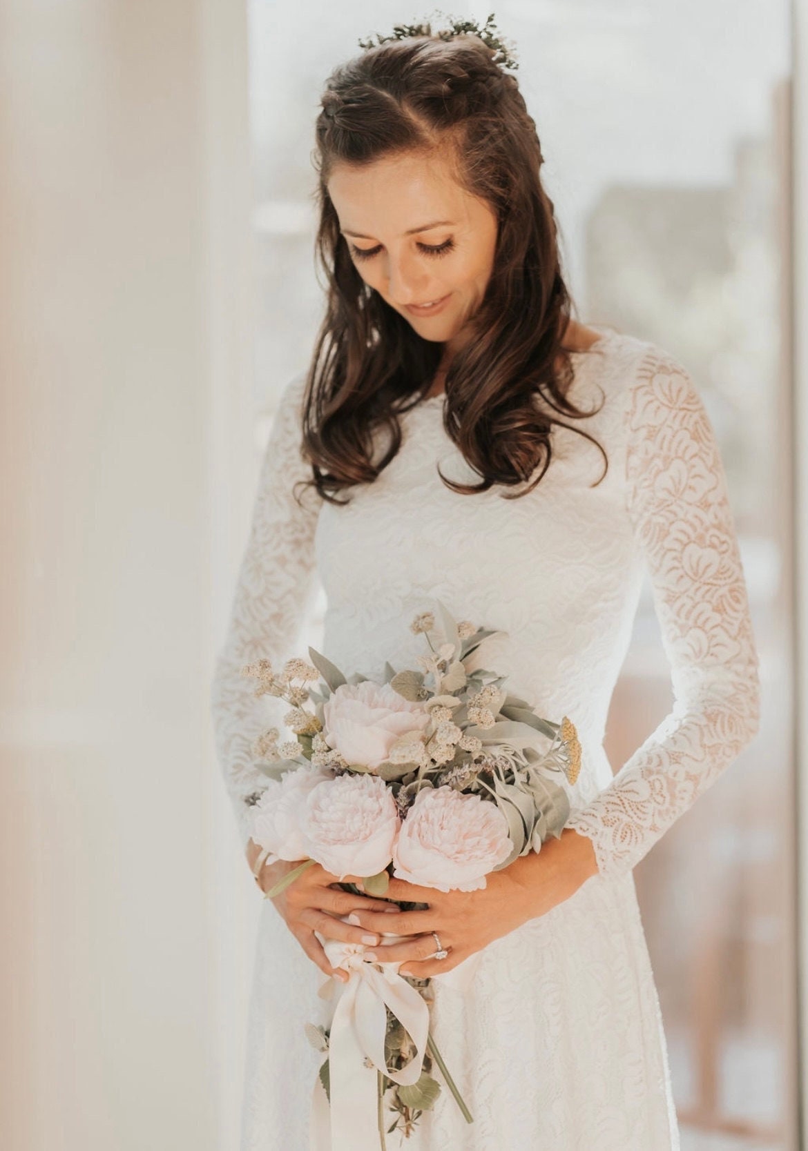 Modest Bestseller Marfil Manga larga escote barco modesto vestido de novia  #1297 - Etsy México, image size:1170x1668