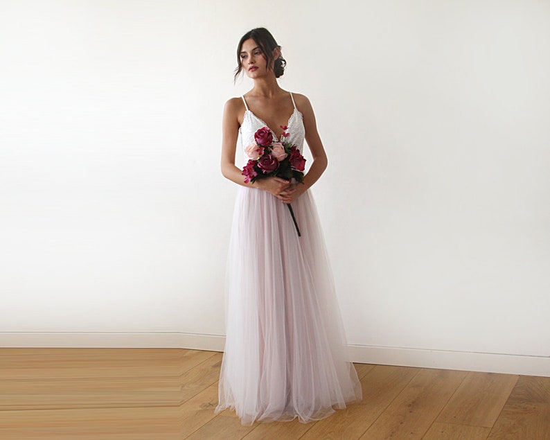 Vestido de tul marfil y rosa de hadas, vestido de novia pastel 1185 imagen 1