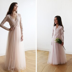 Mini Me Collection Blush Pink tulle and lace long sleeves gown, Tulle and lace Bordeaux maxi dress , mommy and me dress 1125