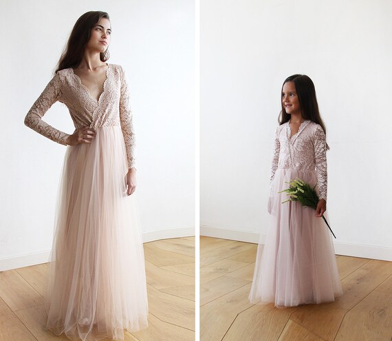 Mini Me Collection Blush Pink Tulle and Lace Long Sleeves Gown