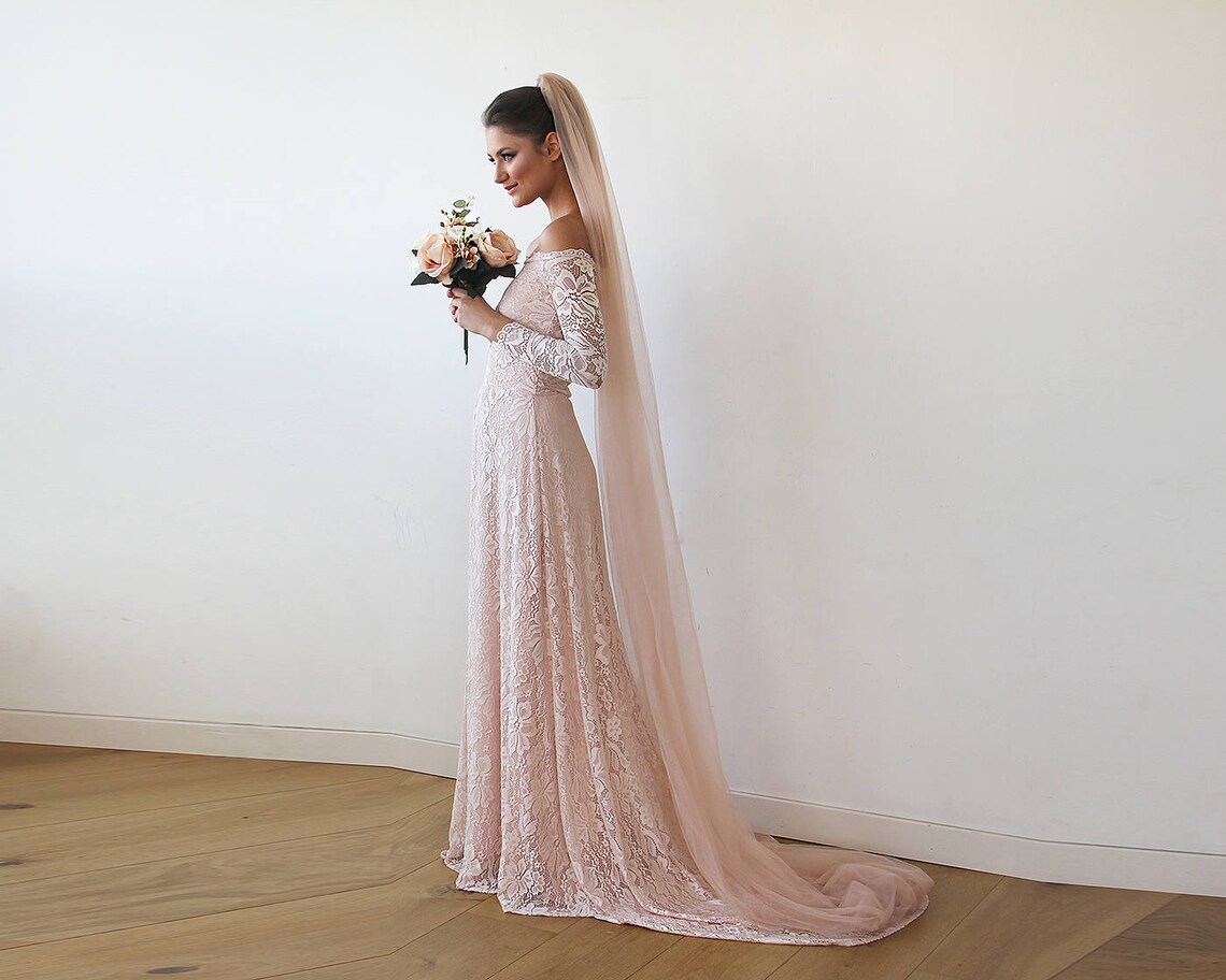 Baby Pink Off-The-Shoulder Dress With Train Pastel wedding image 1