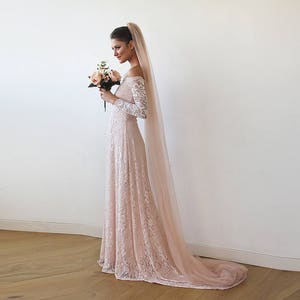 Baby Pink Off-The-Shoulder Dress With Train ,Pastel wedding dress 1148 image 1