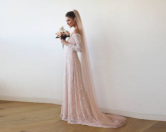 Baby Pink Off-The-Shoulder Dress With Train ,Pastel wedding dress #1148