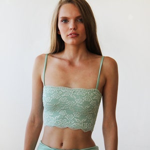 May include: A light green lace crop top with a scalloped hem.