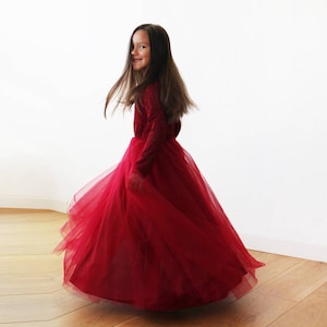 Burgundy Tulle & lace long sleeves Flower Girls Gown #5043
