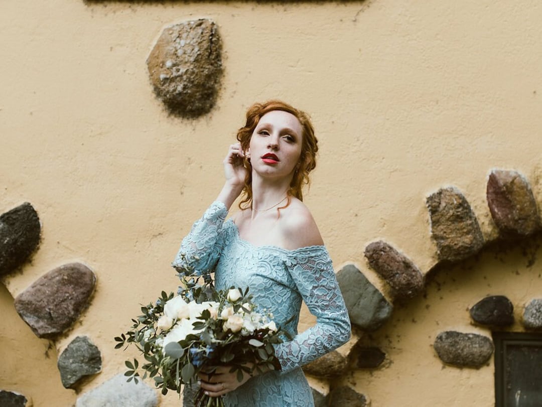 verona light blue floral print off the shoulder lace dress Light Blue Off-The-Shoulder Floral Lace Dress ,Pastel wedding Dress #1119