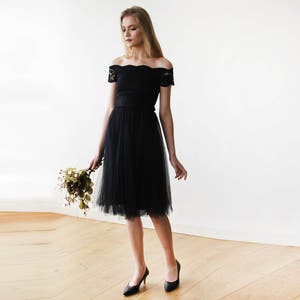 SALE Black Off-the-Shoulders Tulle & Lace Midi Short Sleeves Dress 1153 image 3