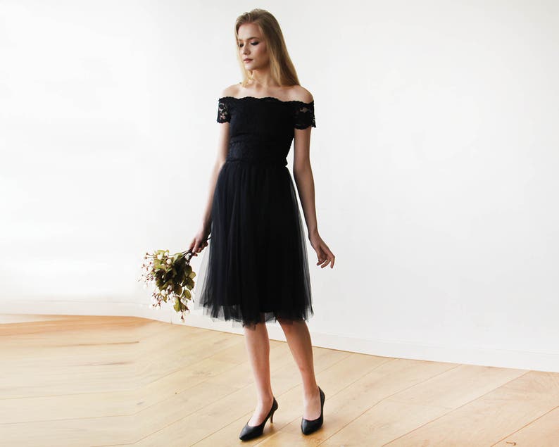 SALE Black Off-the-Shoulders Tulle & Lace Midi Short Sleeves Dress 1153 image 3