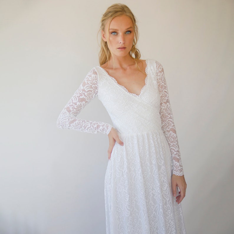 Ivory wrap lace wedding dress with long sleeves 1287 image 7