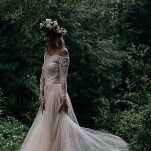 Blush off the shoulder wedding dress sales