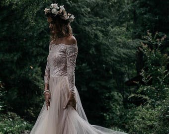 Bridesmaids Blush Off-The-Shoulder Lace & Tulle gown ,Pastel wedding dress #1134