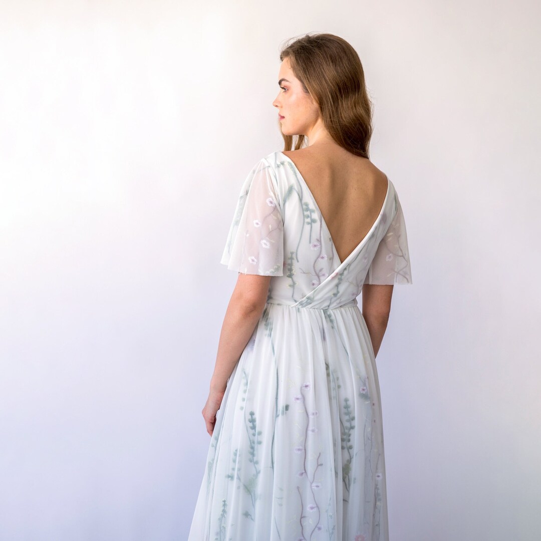 11707 Joni chiffon wrap open back gown with floral print underlay