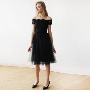 SALE Black Off-the-Shoulders Tulle & Lace Midi Short Sleeves Dress 1153 image 5