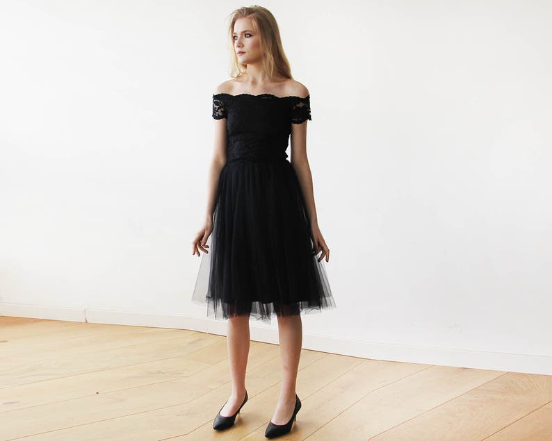 SALE Black Off-the-Shoulders Tulle & Lace Midi Short Sleeves Dress 1153 image 5