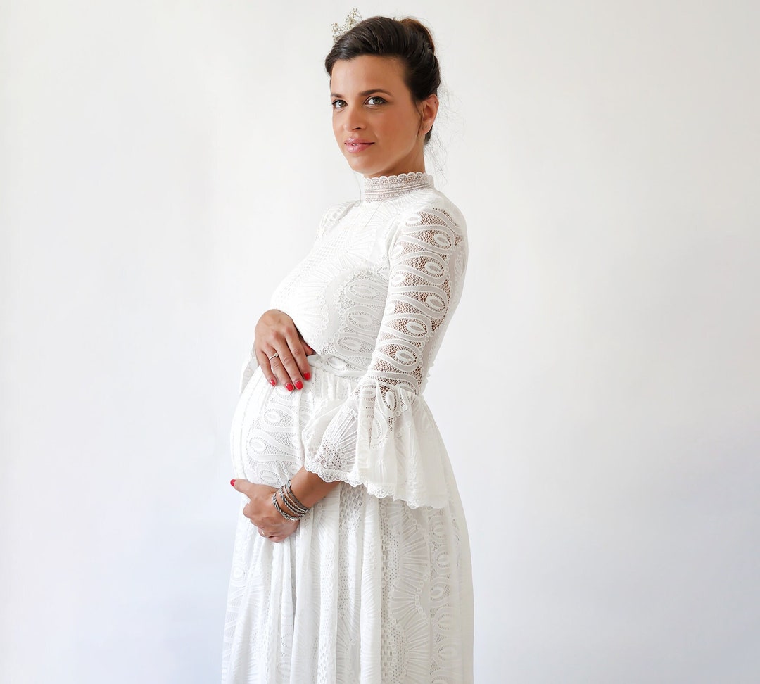 Maternity Lace Wedding Dress: Bohemian Ivory Gown with Train