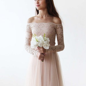 Bridesmaids Blush Off-The-Shoulder Lace & Tulle gown ,Pastel wedding dress 1134 画像 5