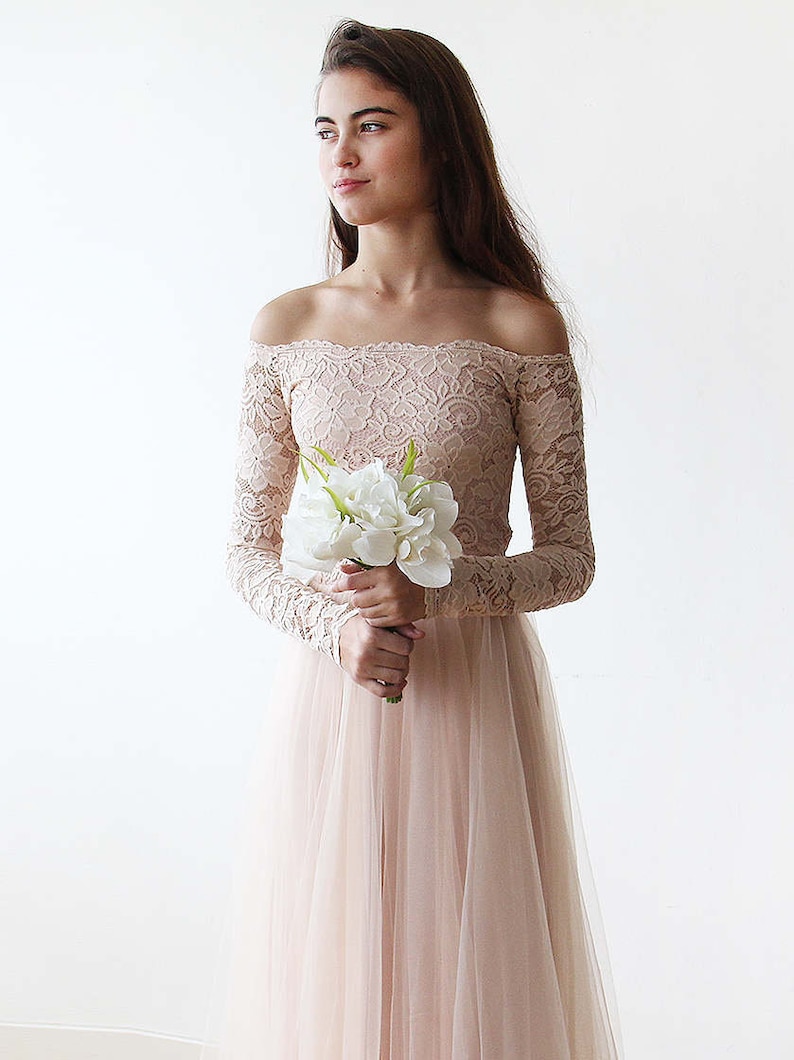 Bridesmaids Blush Off-The-Shoulder Lace & Tulle gown ,Pastel wedding dress 1134 画像 5