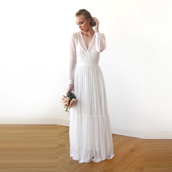 Two In One All chiffon mesh White Wedding Dress #1218