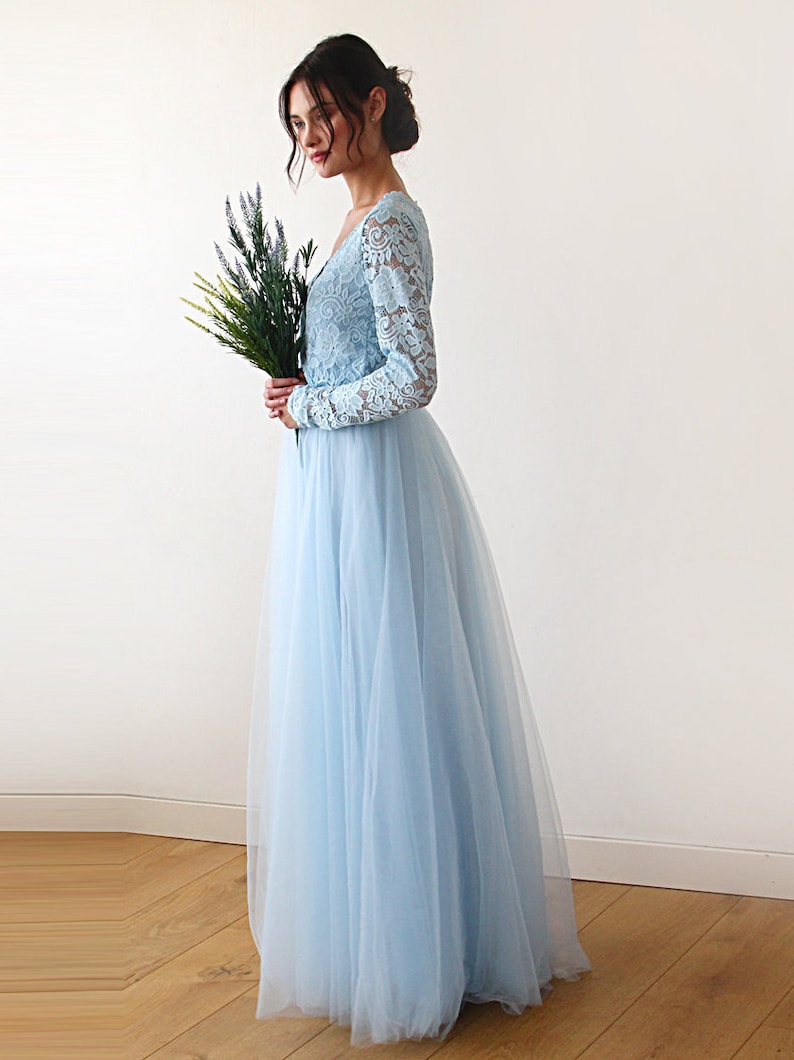 Long Sleeves Maxi Dress Light Blue tulle and lace Tulle and lace Light Blue dress 1125
