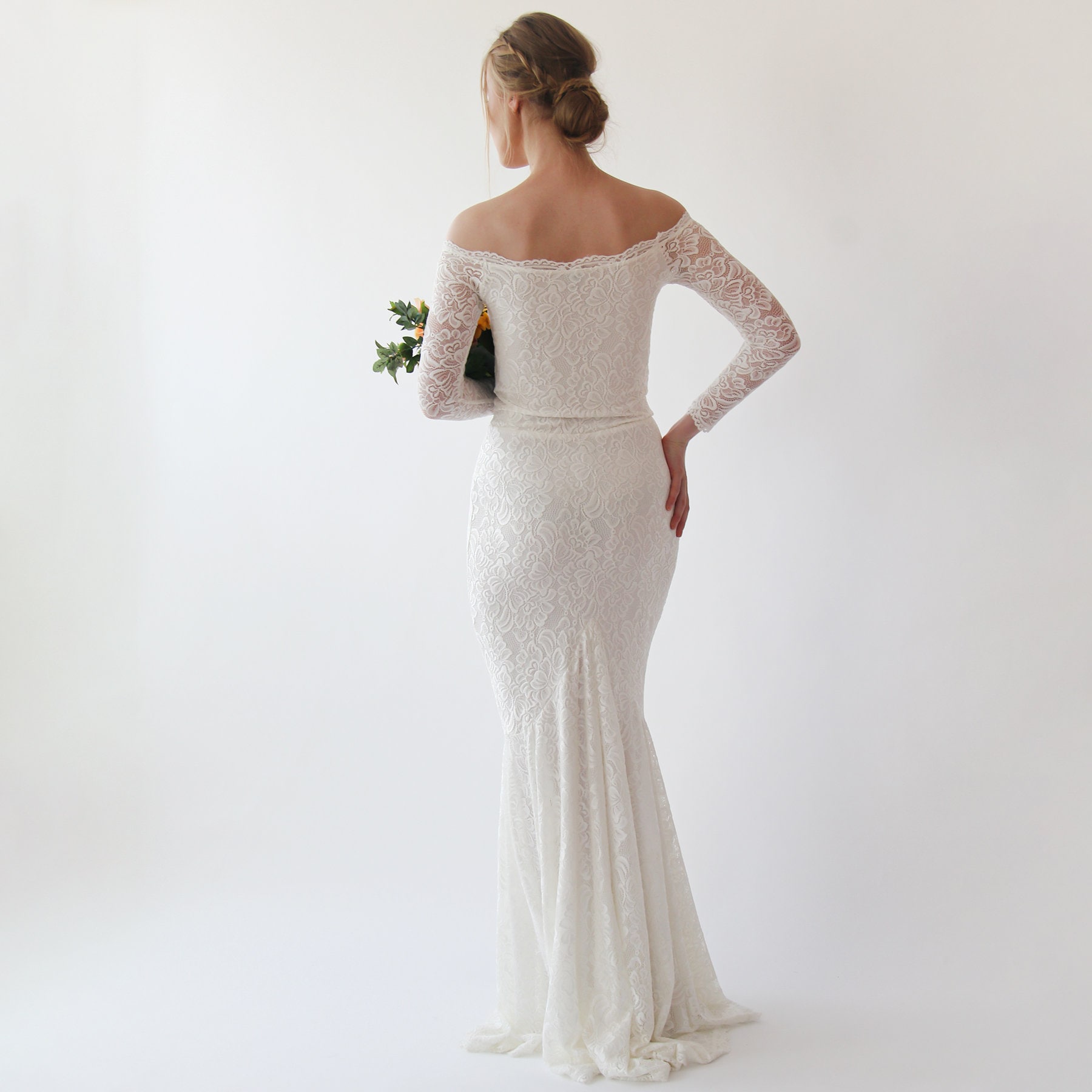 off the shoulder mermaid style wedding dress Off Shoulder Mermaid Wedding Dress with Sheer Back by Elizabeth K GL2594 XS / Ivory/Cream