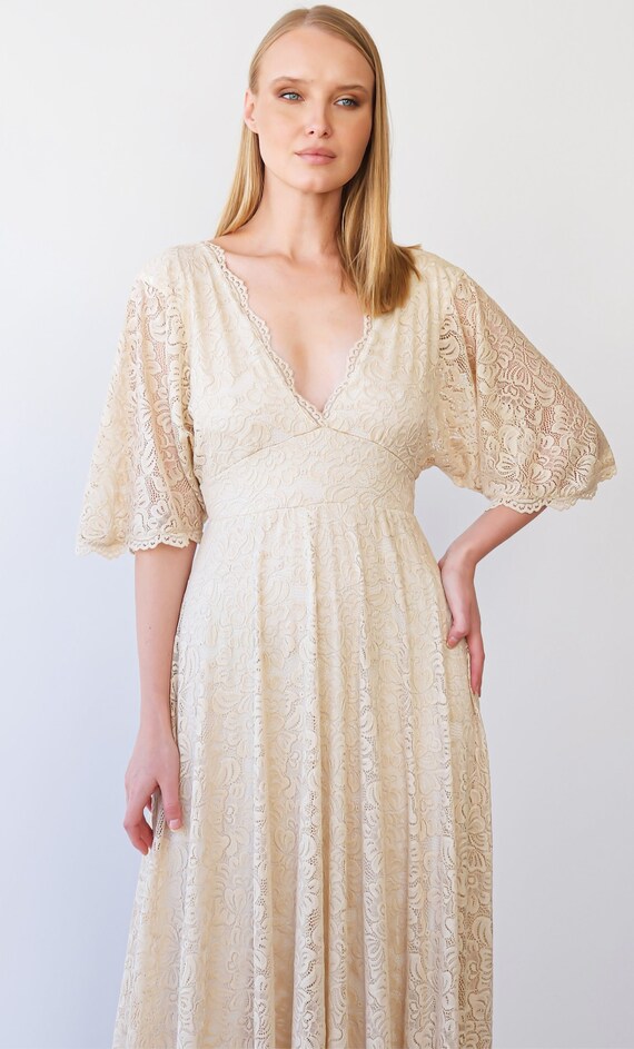 Butterfly Sleeves Light Champagne Whimsical Empire Lace Wedding Dress With Open Back #1384