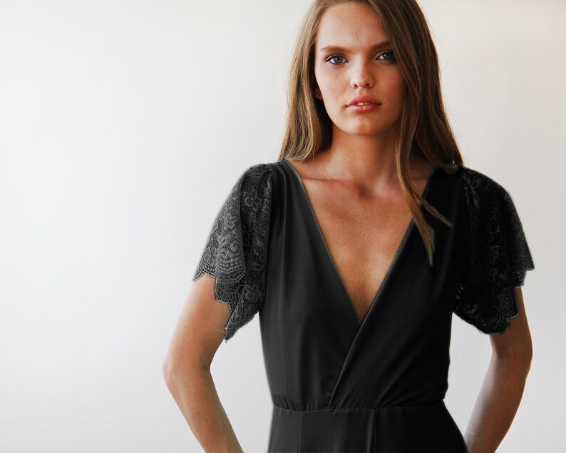 Wedding guest dress Short lace sleeves dress 1052 Maxi black gown with slit Black wrap dress with lace sleeves