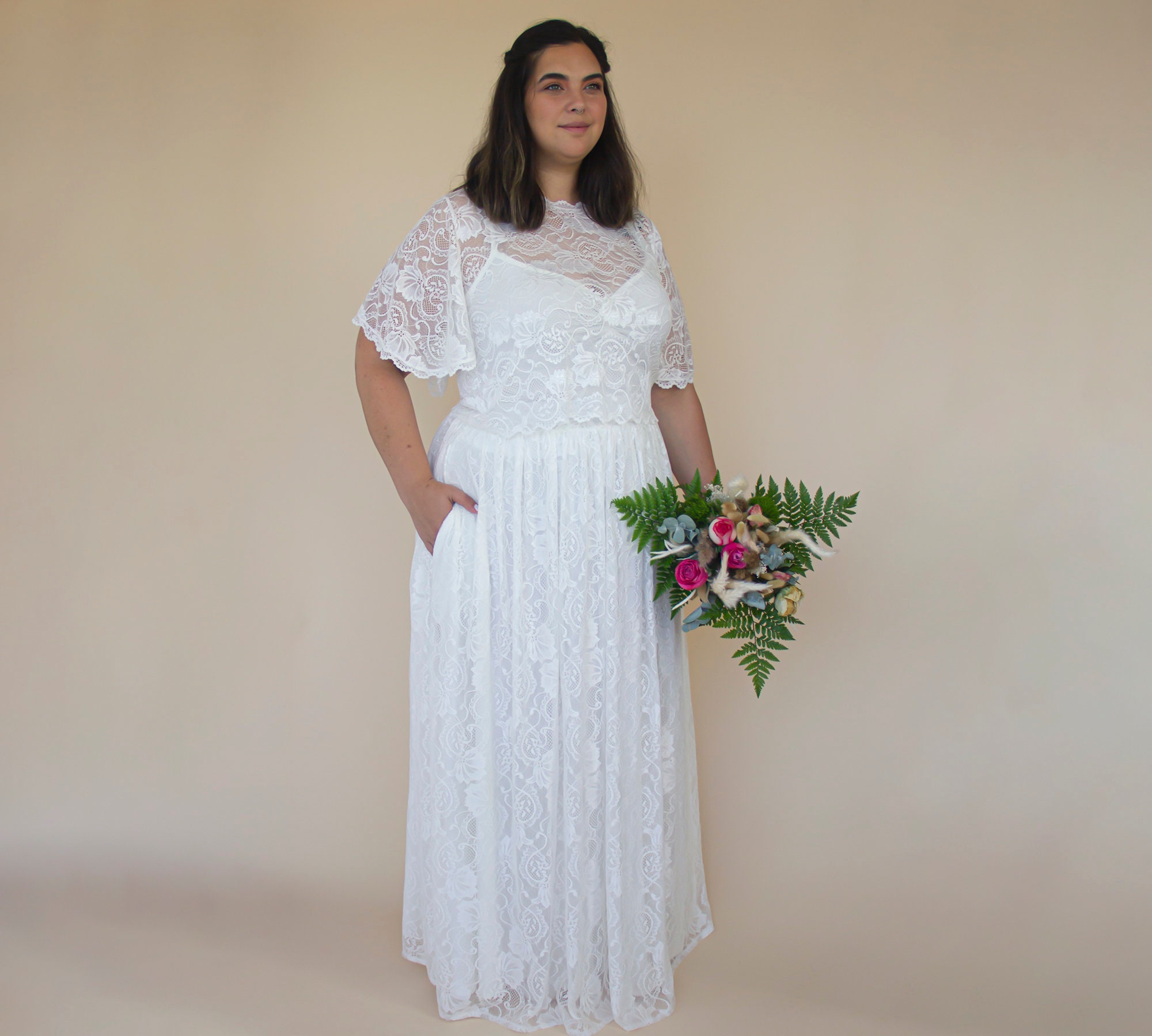Short Sleeves Two-Piece Wedding Dresses with Lace Separates WD601