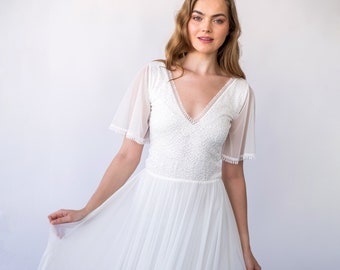 Ivory Flutter Chiffon  Sleeves Bohemian Lace Bodic wedding dress, Tiered Chiffon Mesh Skirt Vintage Style  #1466