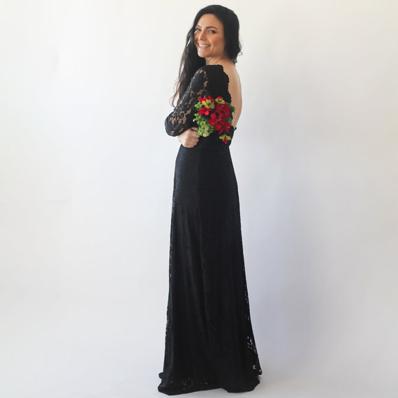 black lace dress elegant Elegant Black Bateau Appliques Lace Short Wedding Dress with Sleeves